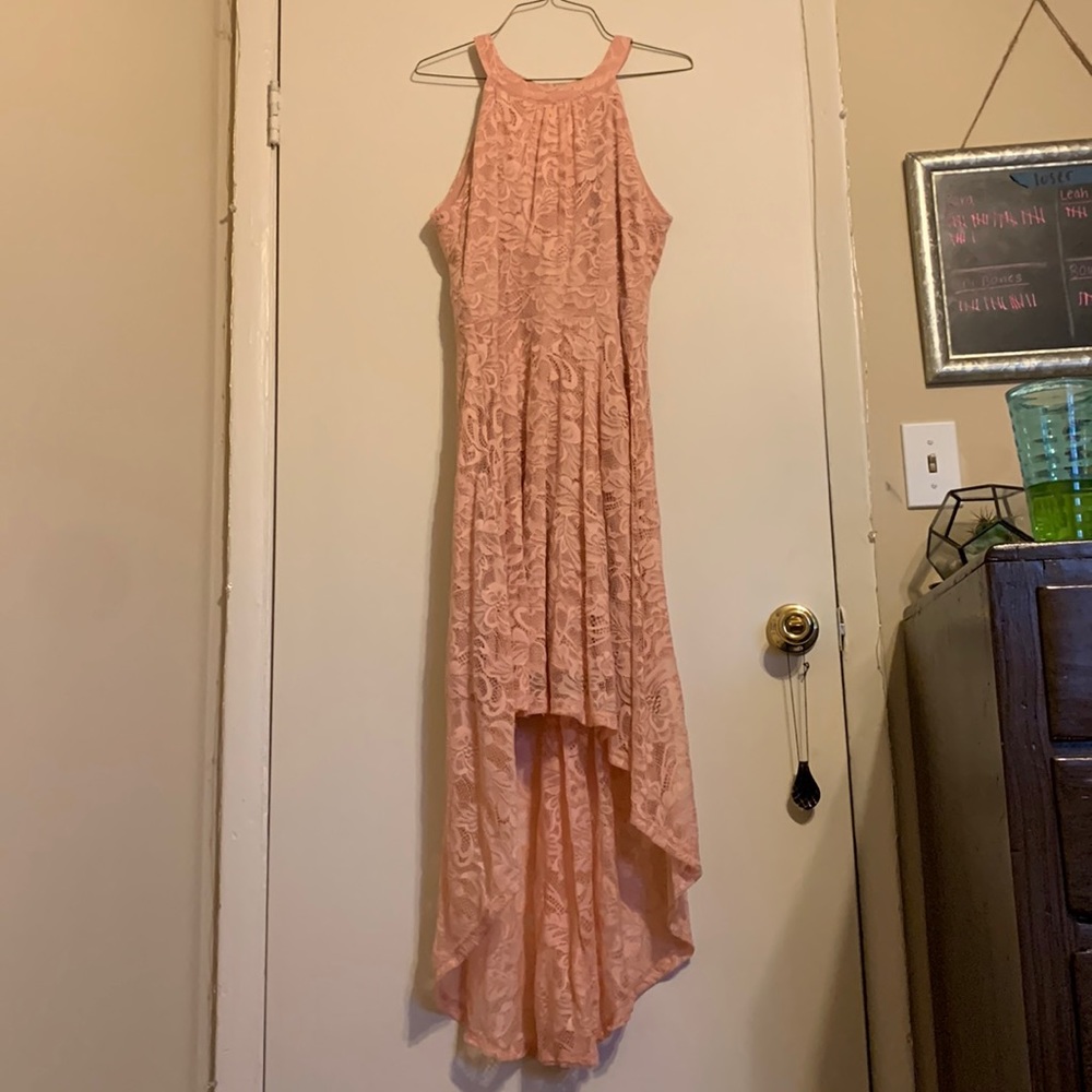 Light pink lace dress, long in the back, short in the front